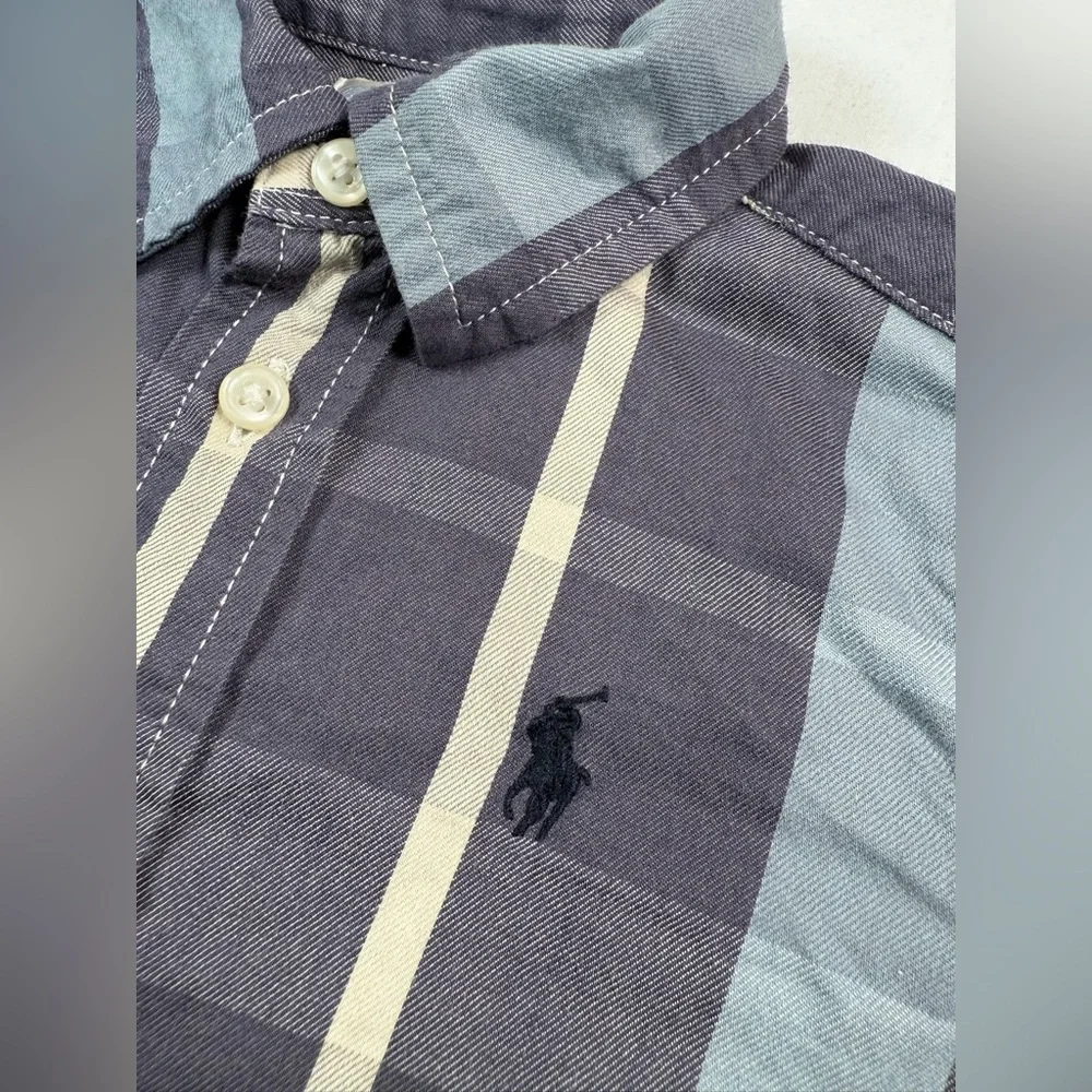 RALPH LAUREN Baby Boys' Slate Blue Plaid Striped Long Sleeve Button Down Size 9M
